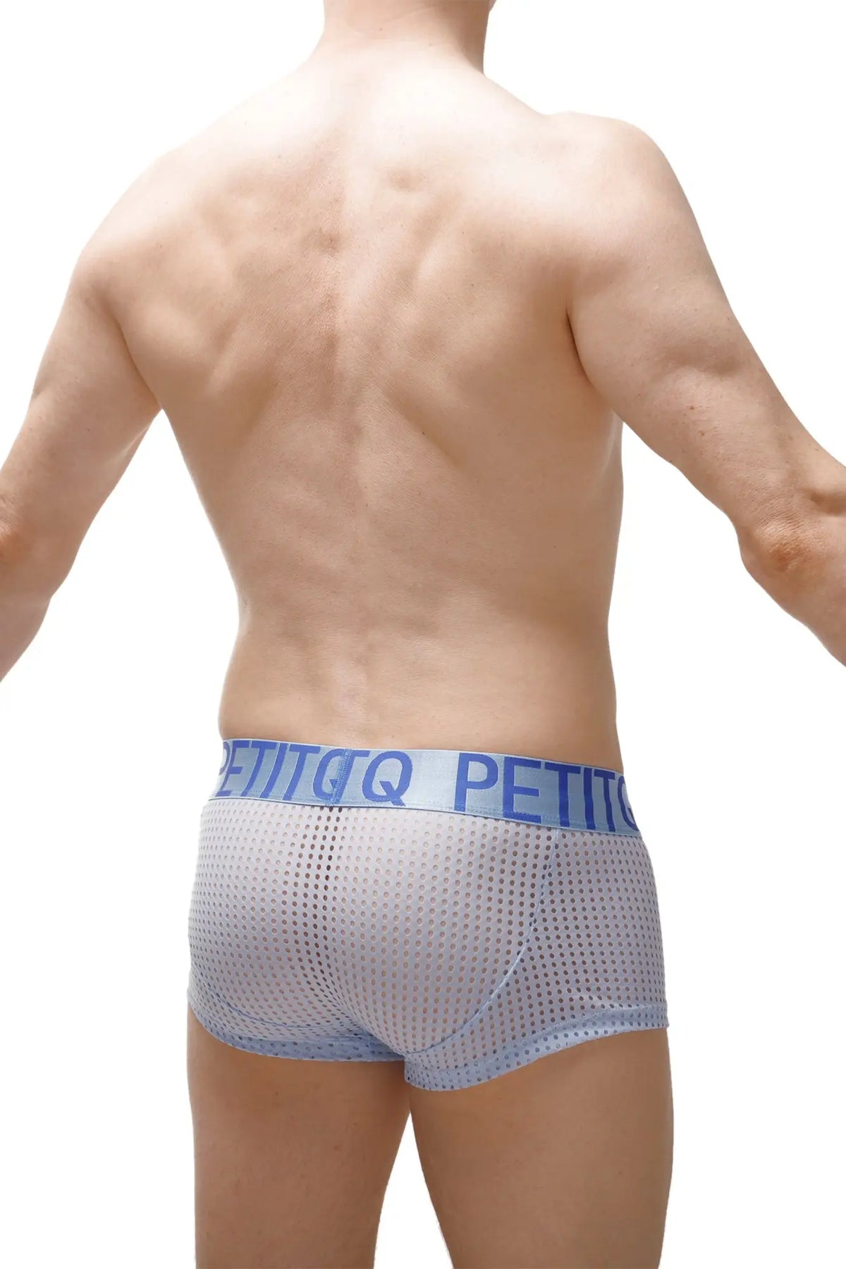 Light blue mesh boxer protruder durtol briefs with matching elastic waistband branded petitq in bold letters
