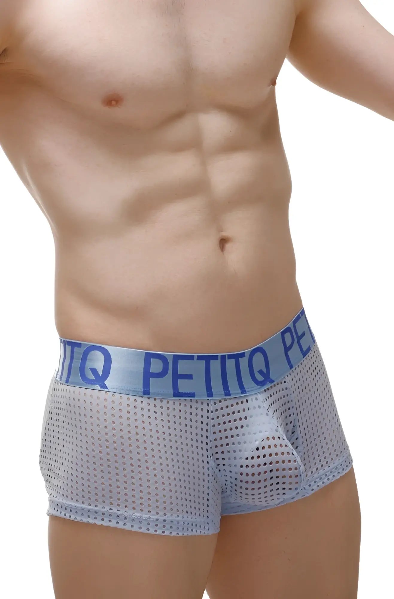 Light blue mesh boxer protruder durtol men’s underwear with matching elastic waistband and petitq branding