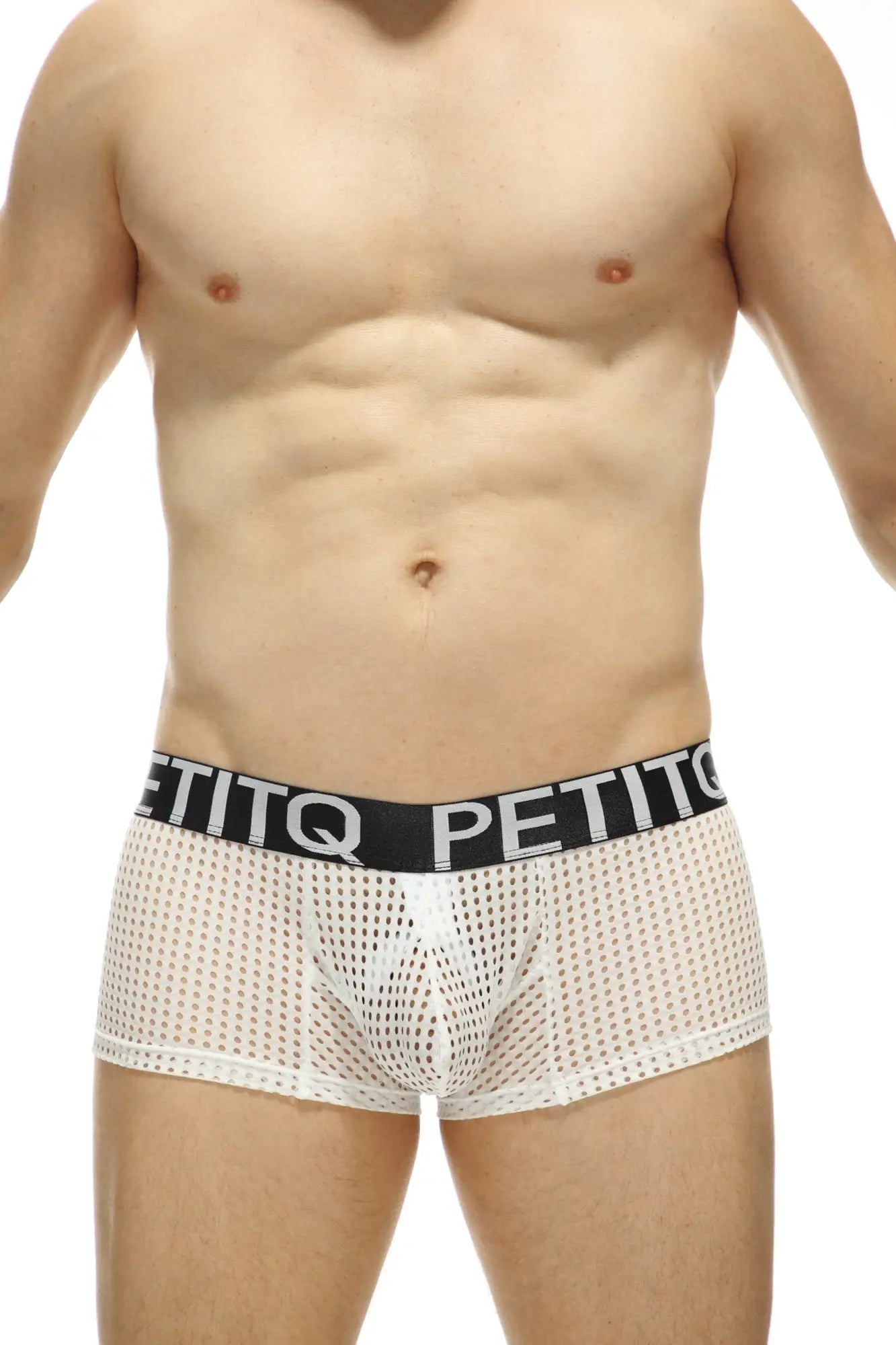 White mesh boxer protruder durtol briefs with black elastic waistband and petitq logo in white lettering