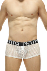 White mesh boxer protruder durtol briefs with black elastic waistband and petitq logo in white lettering