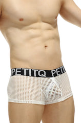 White mesh boxer protruder durtol briefs with black elastic petitq waistband logo in white lettering