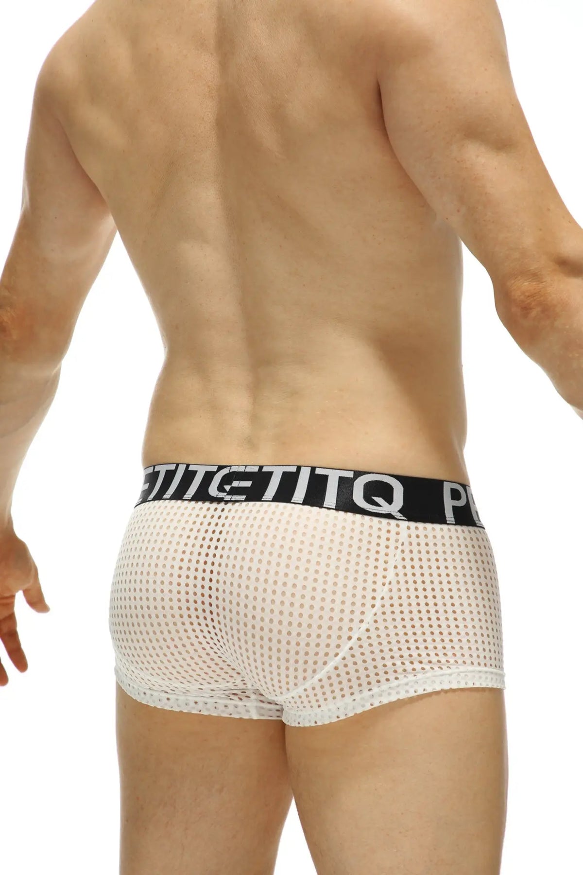 White mesh briefs boxer protruder durtol white with black elastic waistband and titetitq brand name in white lettering