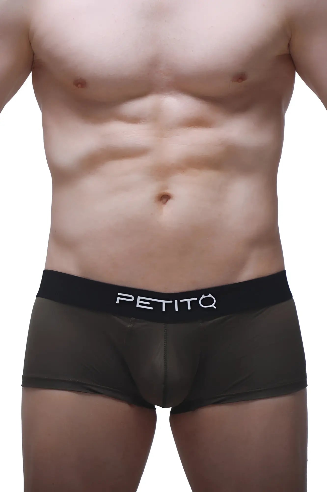 Black petitq boxer push-up camo briefs with smooth form-fitting design and white logo on waistband