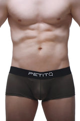 Black petitq boxer push-up camo briefs with smooth form-fitting design and white logo on waistband