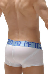 Boxer push-up white men’s briefs with a light blue elastic waistband and petitq logo in dark blue lettering