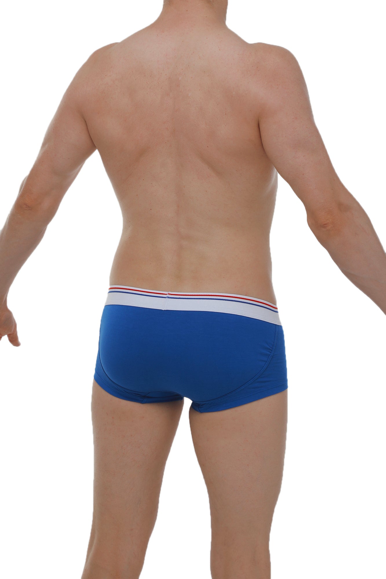 PetitQ boxer push-up blue men’s briefs in blue with a white waistband and thin red and blue stripes
