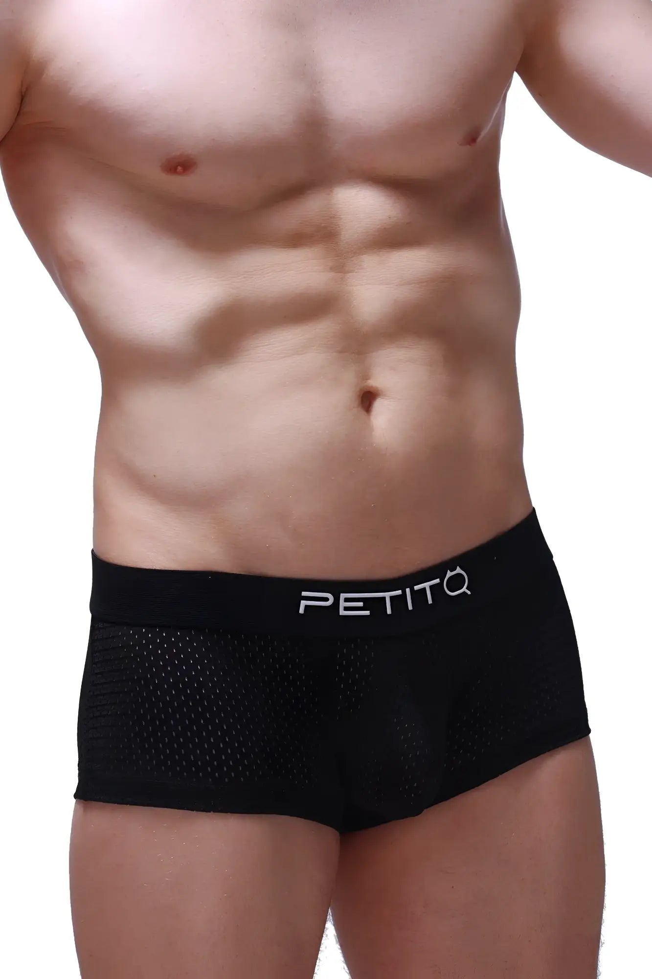 Black mesh boxer reotier bee briefs with sleek modern design and petitq logo embroidered in white on waistband