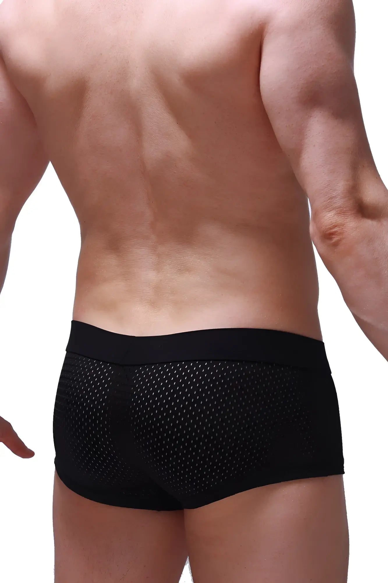 Black mesh boxer reotier bee briefs with a solid elastic waistband designed for comfortable everyday wear