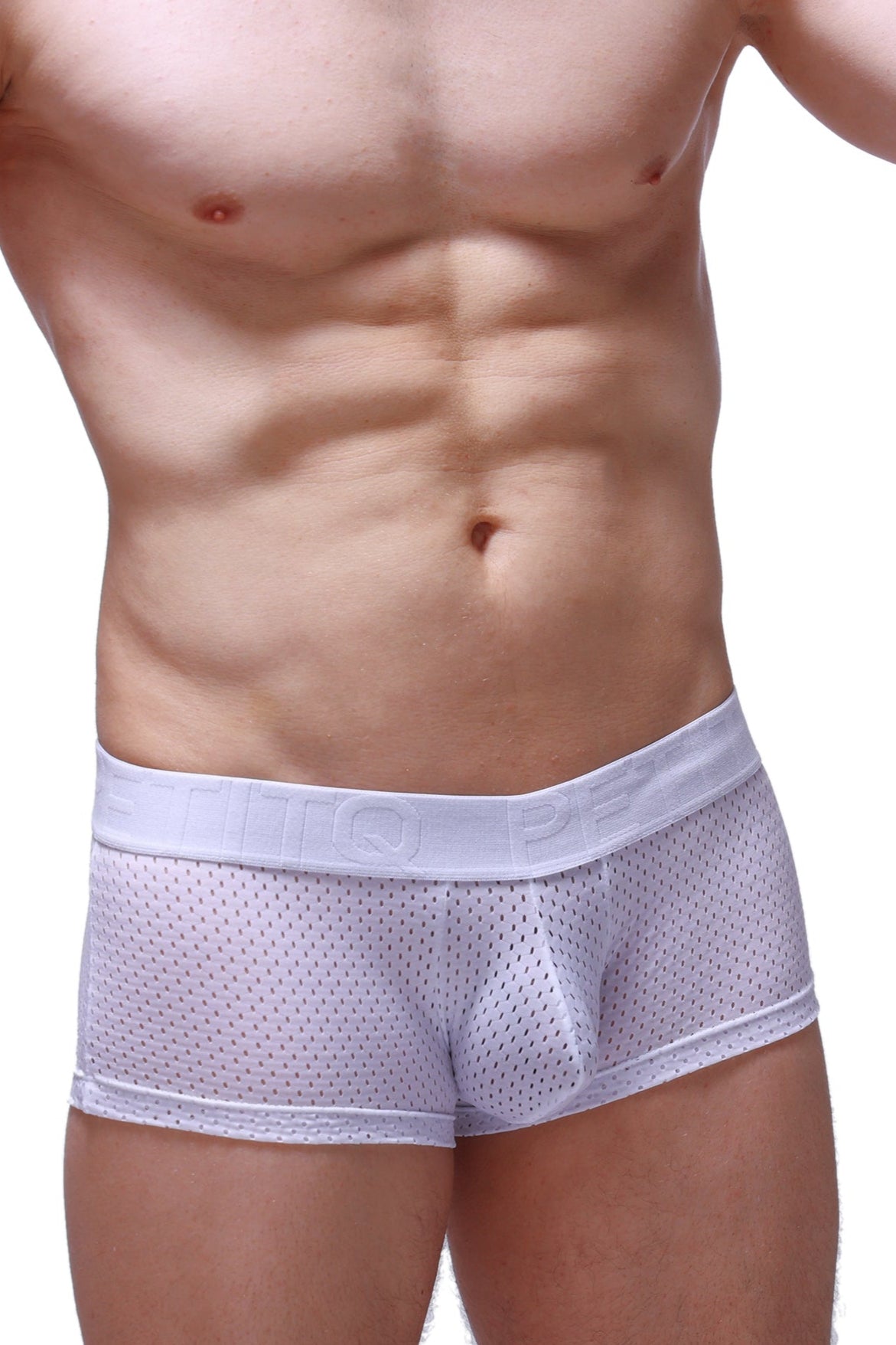 White mesh boxer briefs with a solid white elastic waistband featuring embossed lettering from boxer reotier bee white