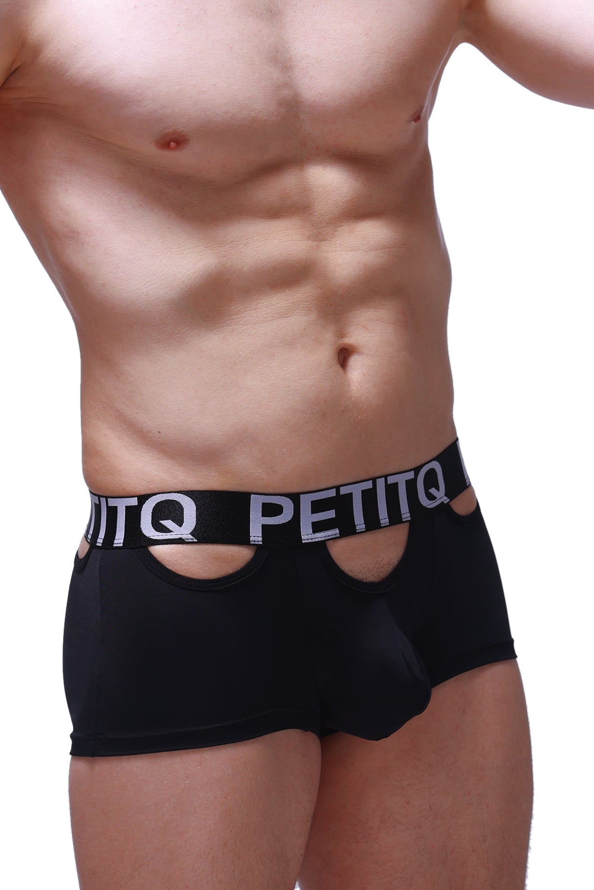 Black PetitQ boxer briefs with white logo band and cutout details designed for comfortable everyday wear