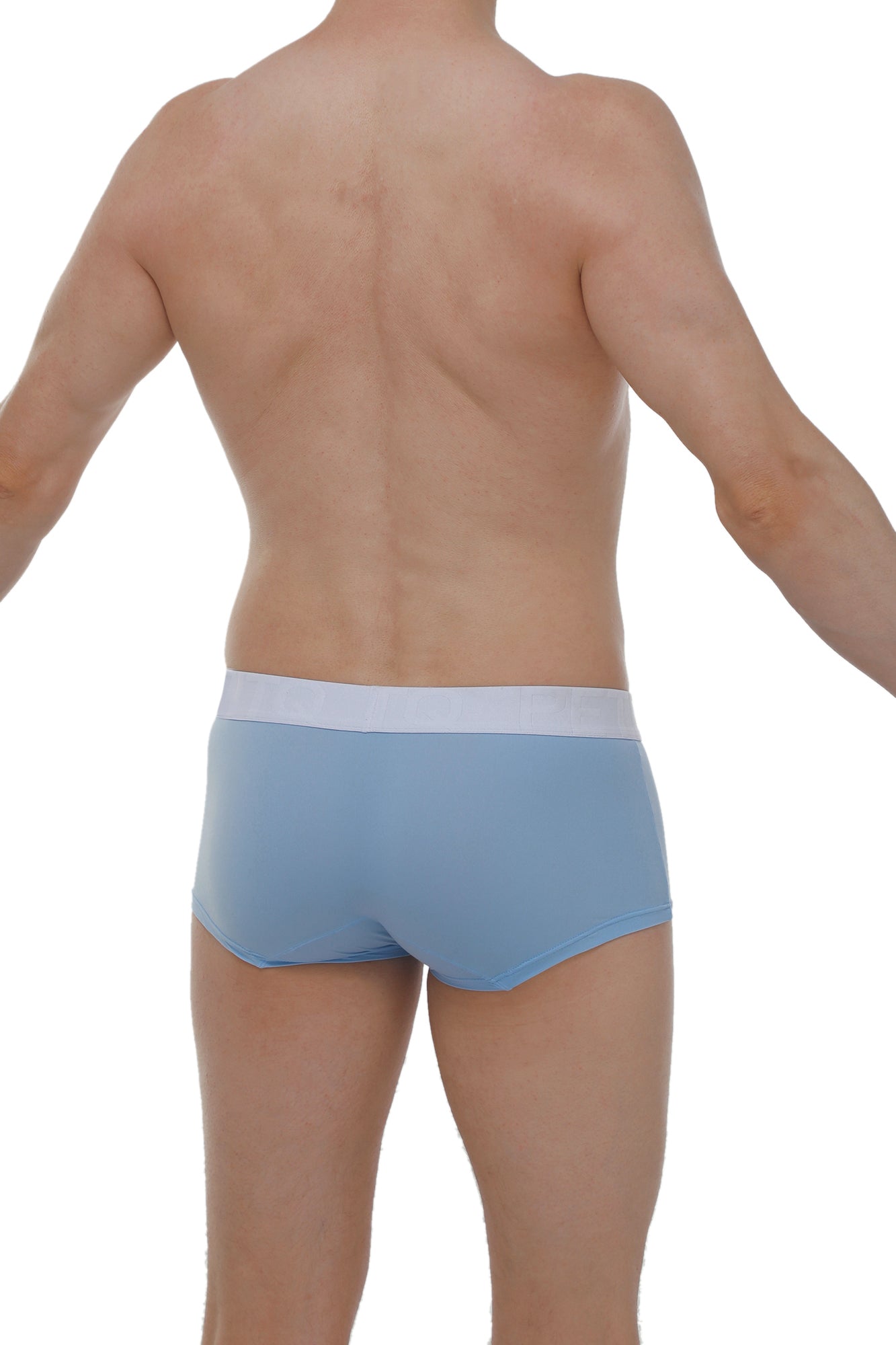 Light blue petitq boxer brief with white waistband made from dome skine fabric for comfortable everyday wear