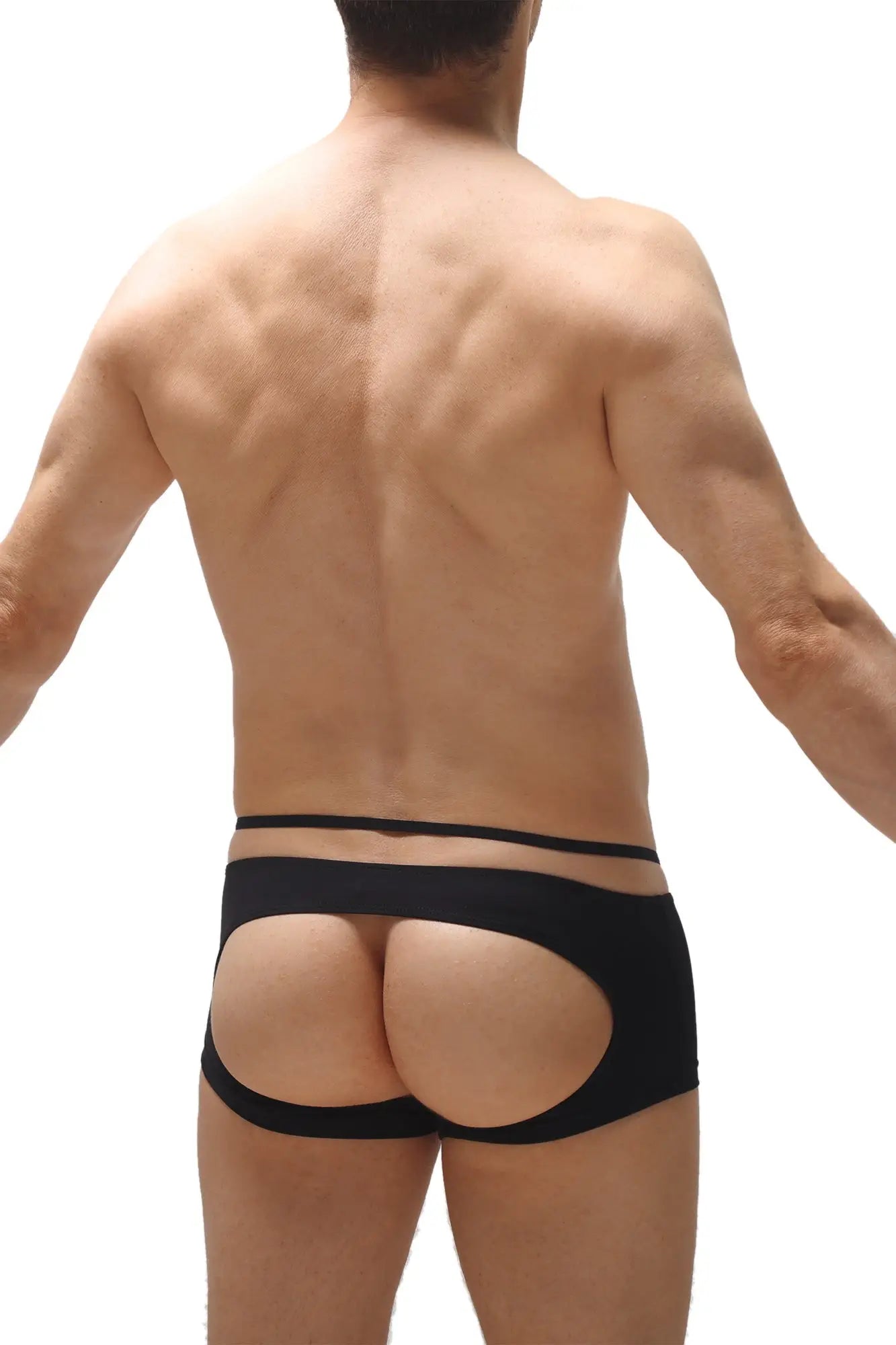 Black boxer sling melin open-back briefs with sleek form-fitting design showing the back side of the product