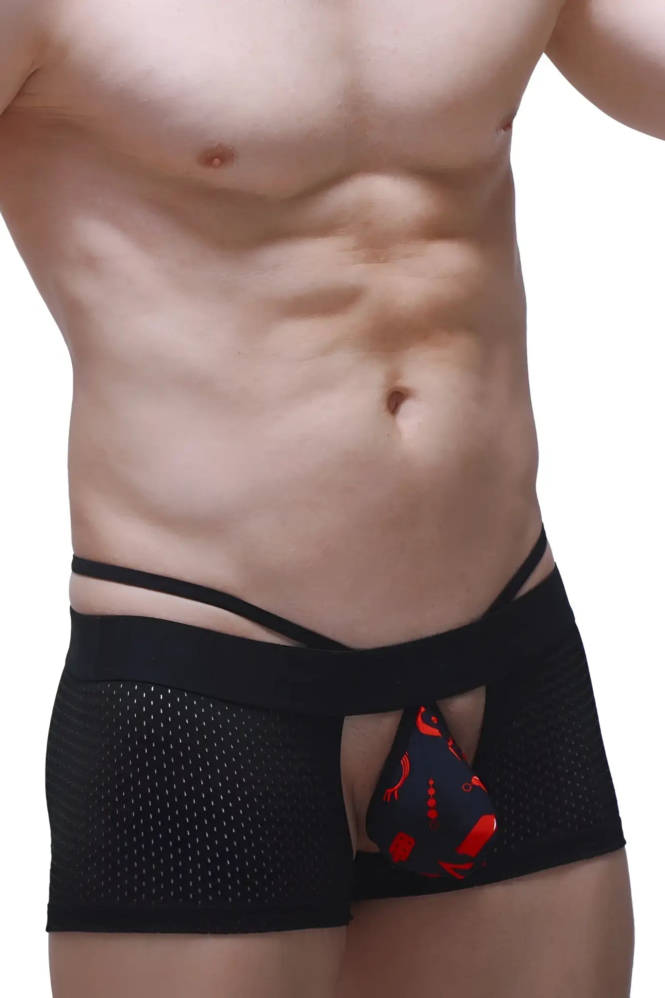 Black mesh boxer sling briefs with a red and black patterned pouch designed for stylish and breathable wear