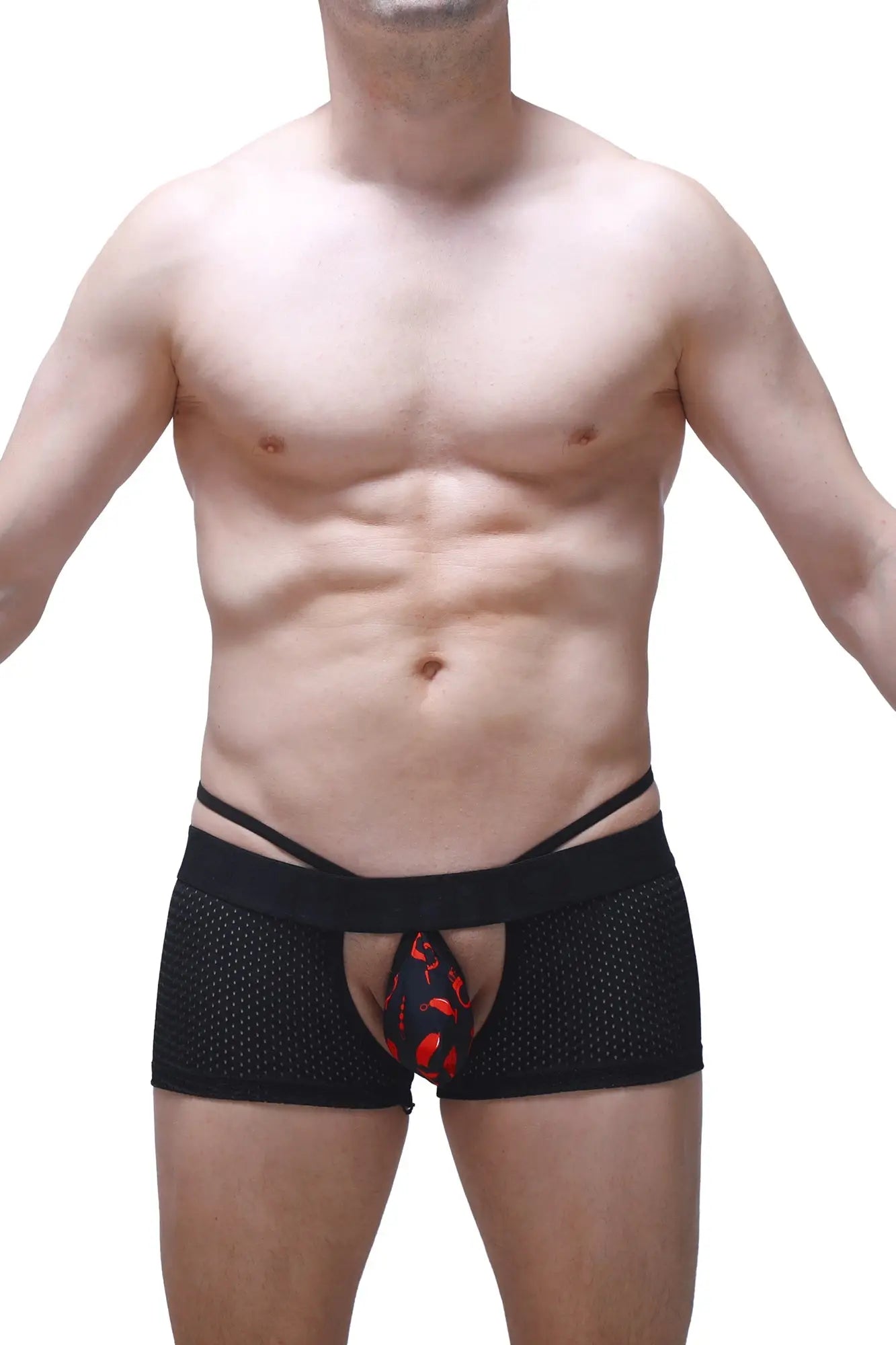Black mesh briefs boxer sling melin boudoir with red and black patterned pouch for stylish underwear wear