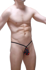 Black and red chili pepper-patterned thong with thin black elastic straps shown from the back in boxer sling melin boudoir style
