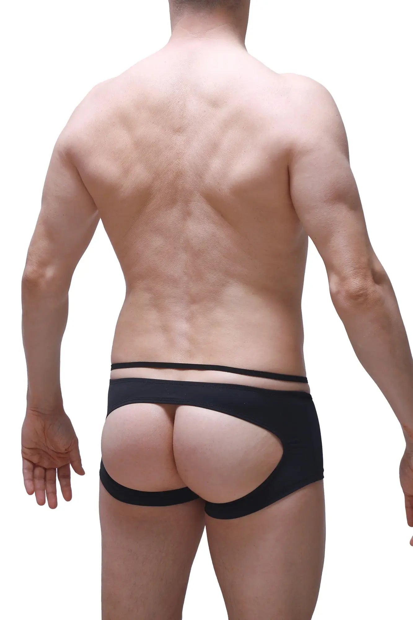 Black boxer sling melin red briefs shown from the back with a form-fitting cutout design in stretchy fabric