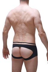 Black boxer sling melin red briefs shown from the back with a form-fitting cutout design in stretchy fabric