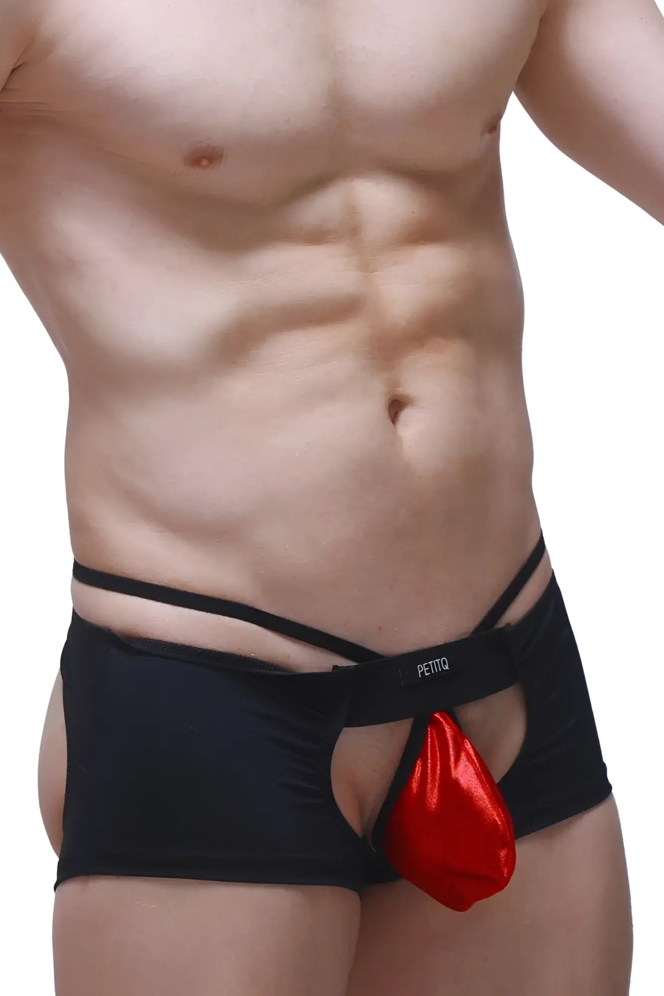 Black petito men’s boxer sling melin briefs with a shiny red pouch detail in a sleek fabric design