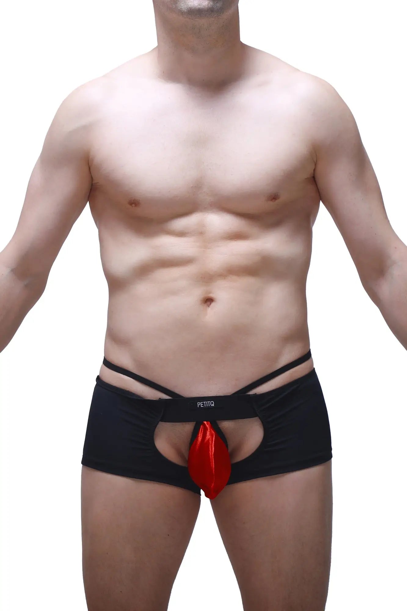 Black boxer sling briefs with red satin pouch and petitq brand name on waistband in melin red collection