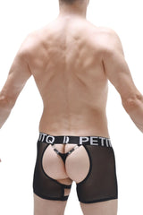 Black sheer mesh boxer string garter angy briefs with black elastic waistband white lettering and silver chain back view