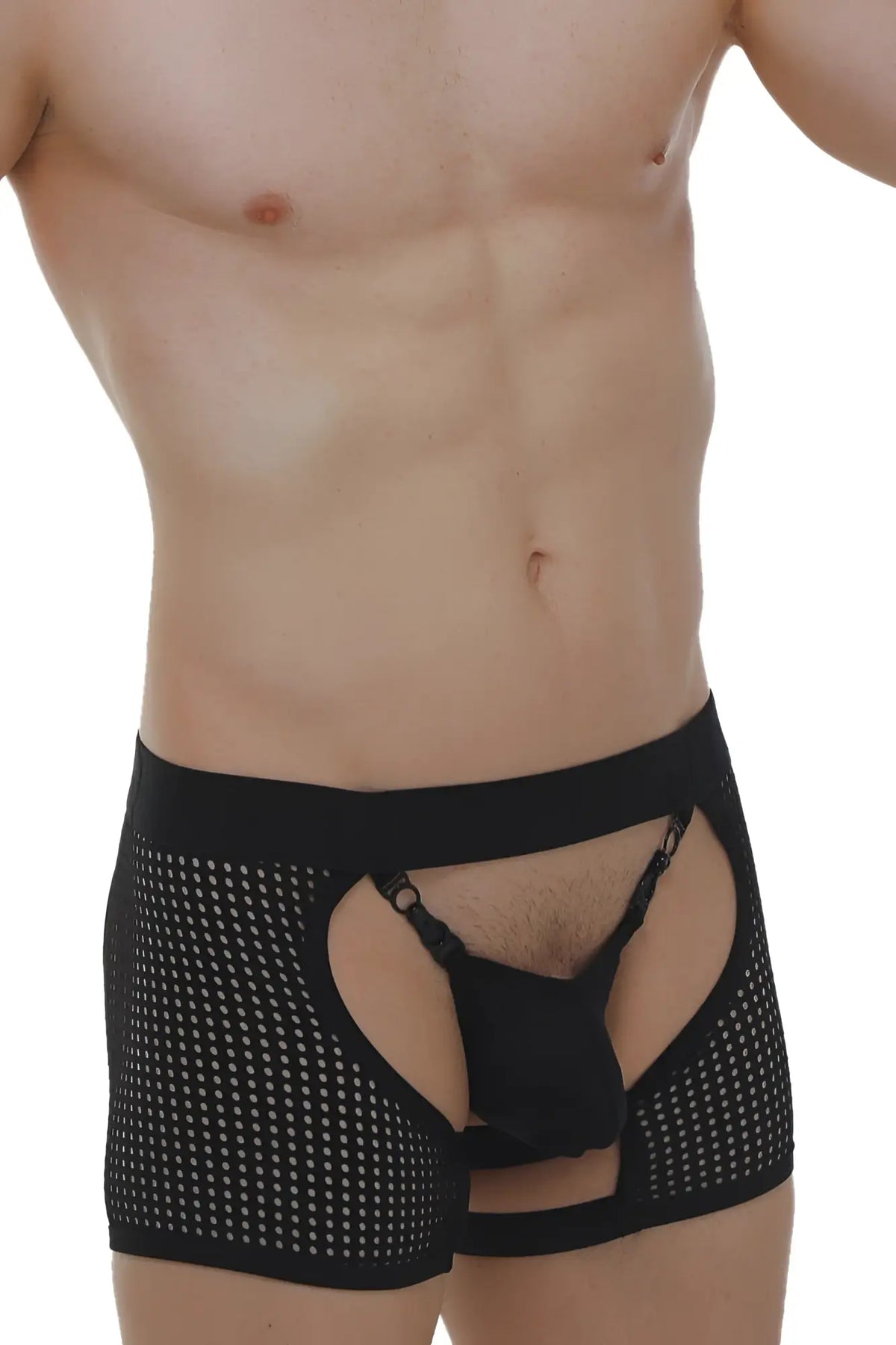 Black mesh boxer string garter angy durtol briefs with perforated design and open front for a bold look