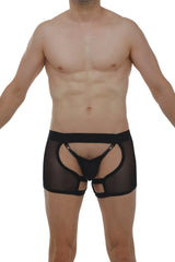 Black sheer mesh boxer string garter angy net briefs with bold open front and reinforced elastic waistband