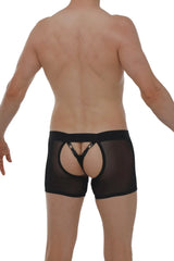 Back side of boxer string garter angy net black showing black sheer mesh briefs with lace trim and adjustable straps