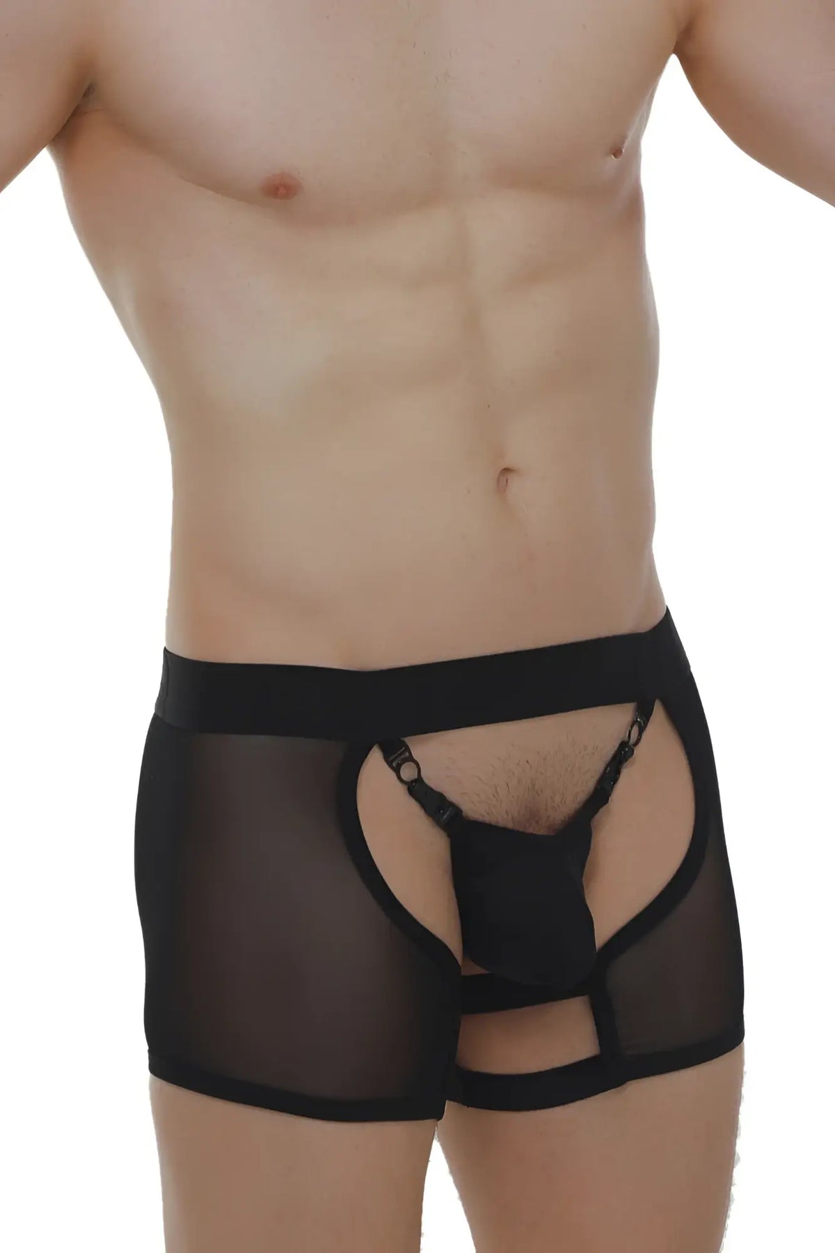 Black sheer mesh boxer string garter angy net briefs with solid front panel and adjustable straps