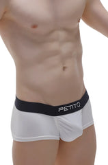 White men’s briefs boxer taik econyl white with black waistband and petitq logo in white lettering
