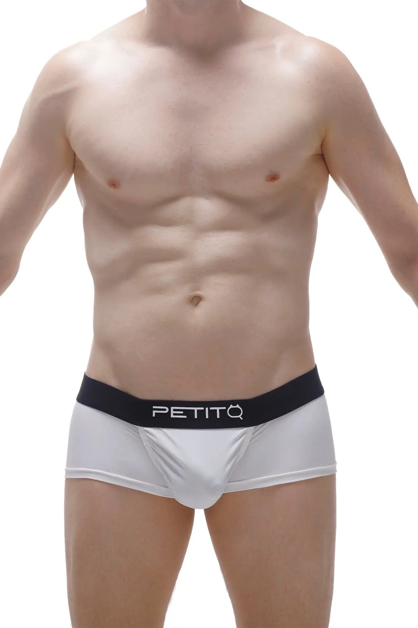 White petitq boxer briefs with a black logo waistband made from econyl material for sustainable comfort
