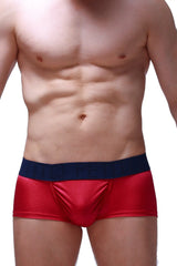 Red metallic boxer briefs with a navy blue waistband from taik joe framboise collection