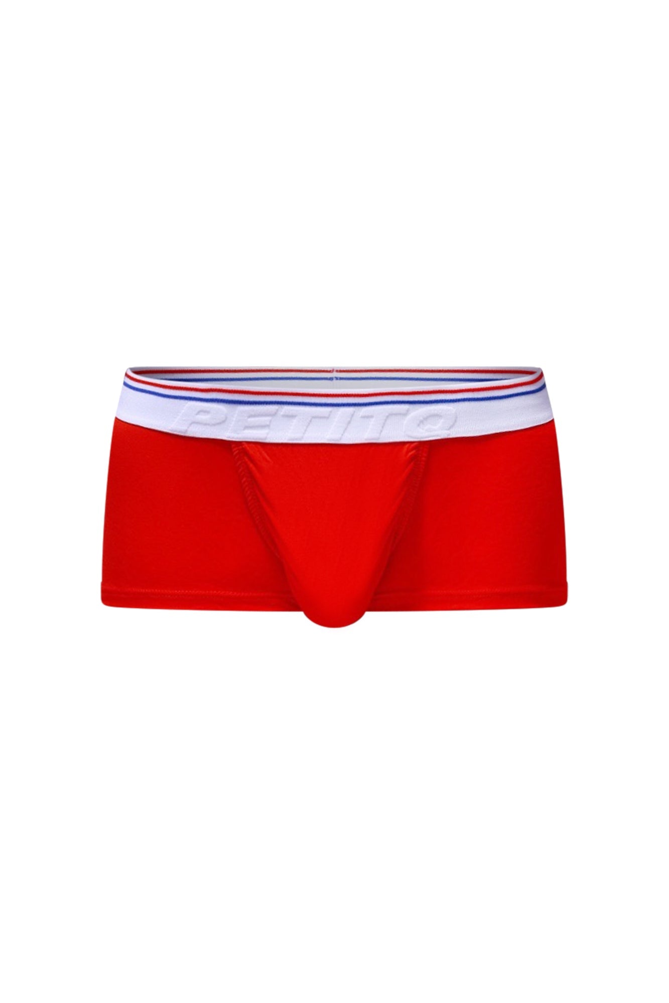 Petitq trunk taik modal red men’s briefs in red with a white waistband striped in red and blue and perino embossed in gray