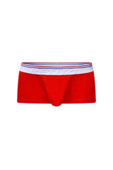 Petitq trunk taik modal red men’s briefs in red with a white waistband striped in red and blue and perino embossed in gray