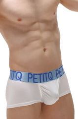 White men’s taik modal briefs with light blue elastic waistband featuring petitq brand name in dark blue lettering