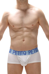White petitq men’s boxer taik modal briefs with light blue elastic waistband and bold brand name lettering