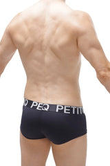 Black men’s boxer briefs in black with a white peq petit logo band featuring a taik plum design
