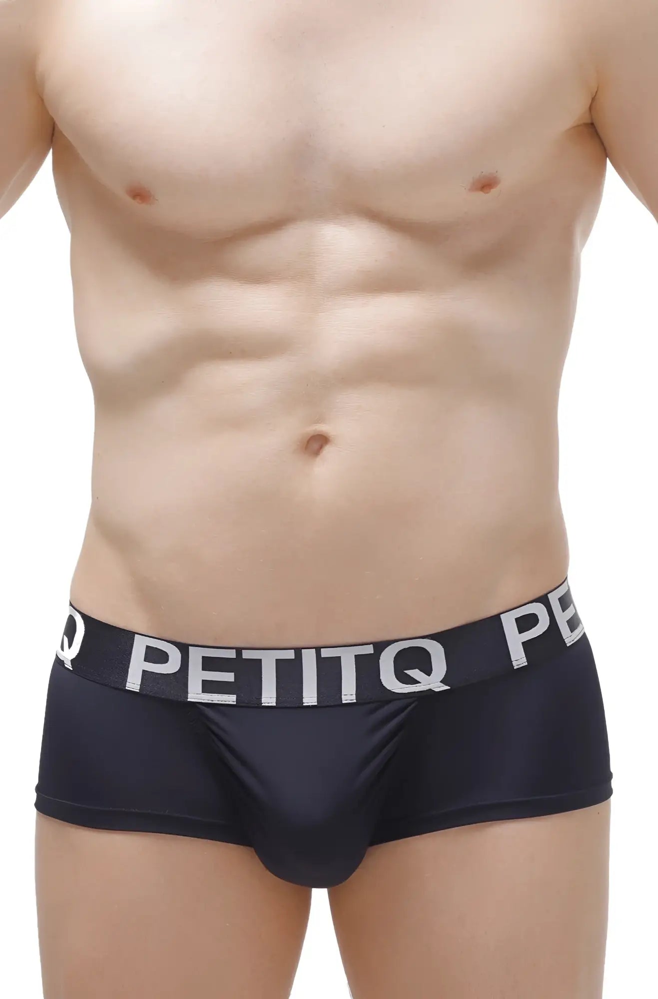 Black petitq men’s briefs boxer taik plum black with white logo waistband shown from front view