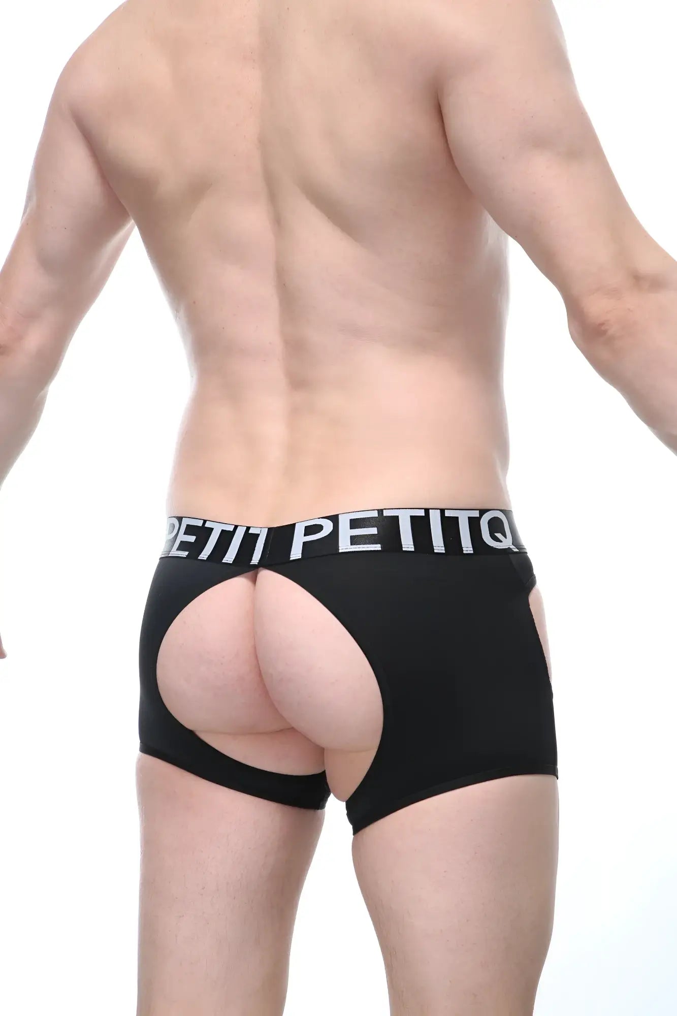 Black petitq boxer veyar briefs with cutout design and white lettering on the waistband front view