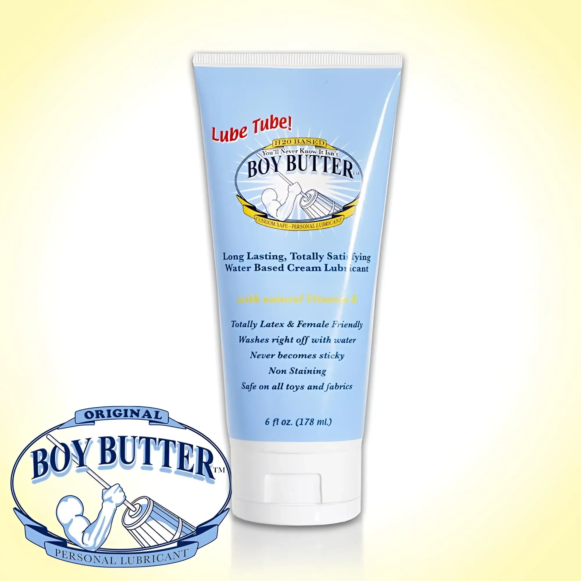 Light blue plastic tube of boy butter personal lubricant h2o with white cap and label featuring brand logo and muscular arm