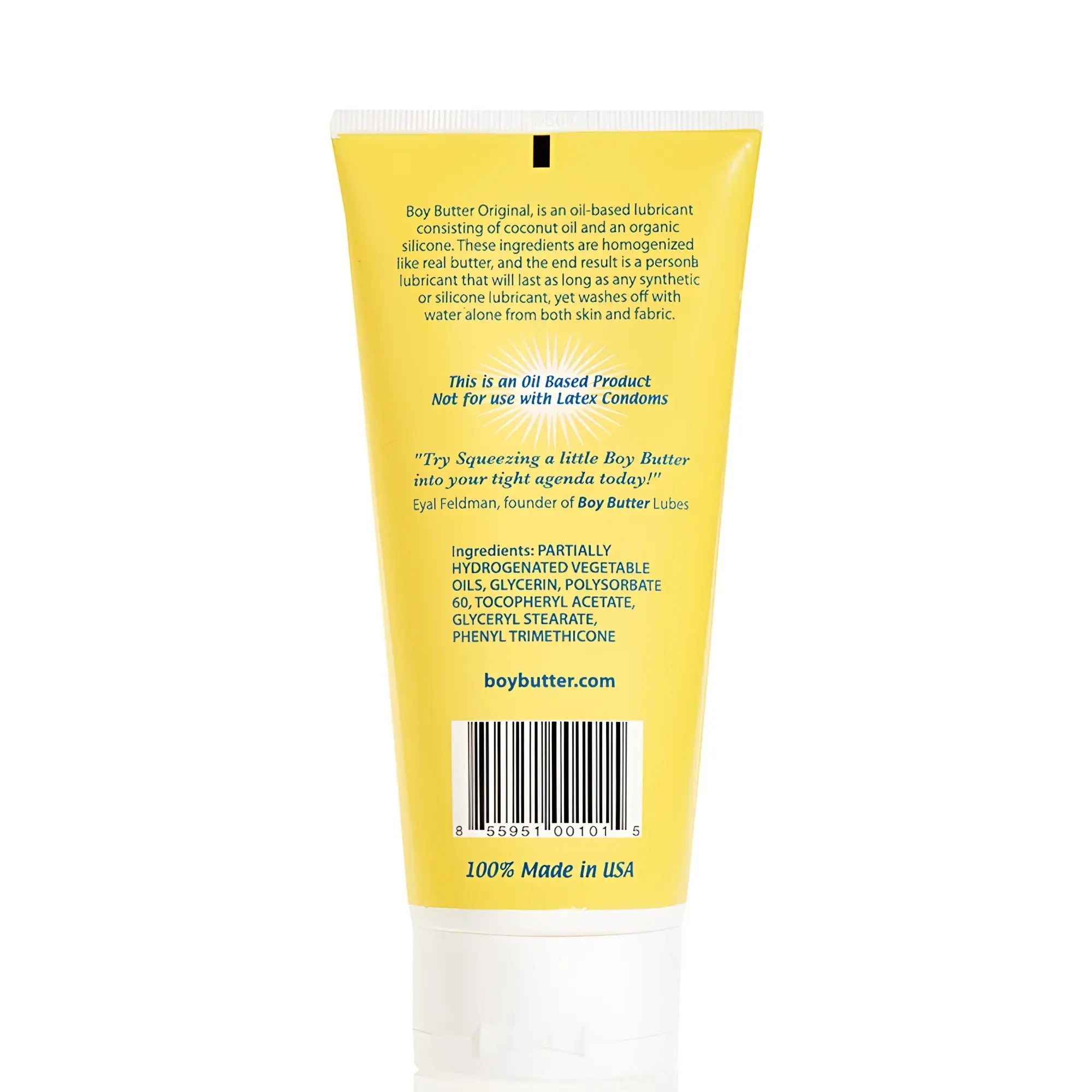 Bright yellow tube of boy butter original oil-based lubricant with white cap and black barcode on the back side