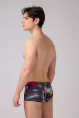 Adam smith menâs boyshort boxer briefs with vibrant multicolored digital print and elastic waistband