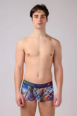 Adam Smith menâs boyshort boxer briefs with vibrant abstract geometric pattern in blues reds purples and colorful waistband