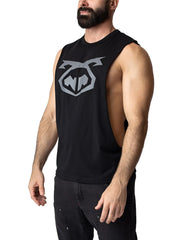 Black sleeveless muscle tank top with gray geometric logo on chest designed for shredding workouts brandmark shredder