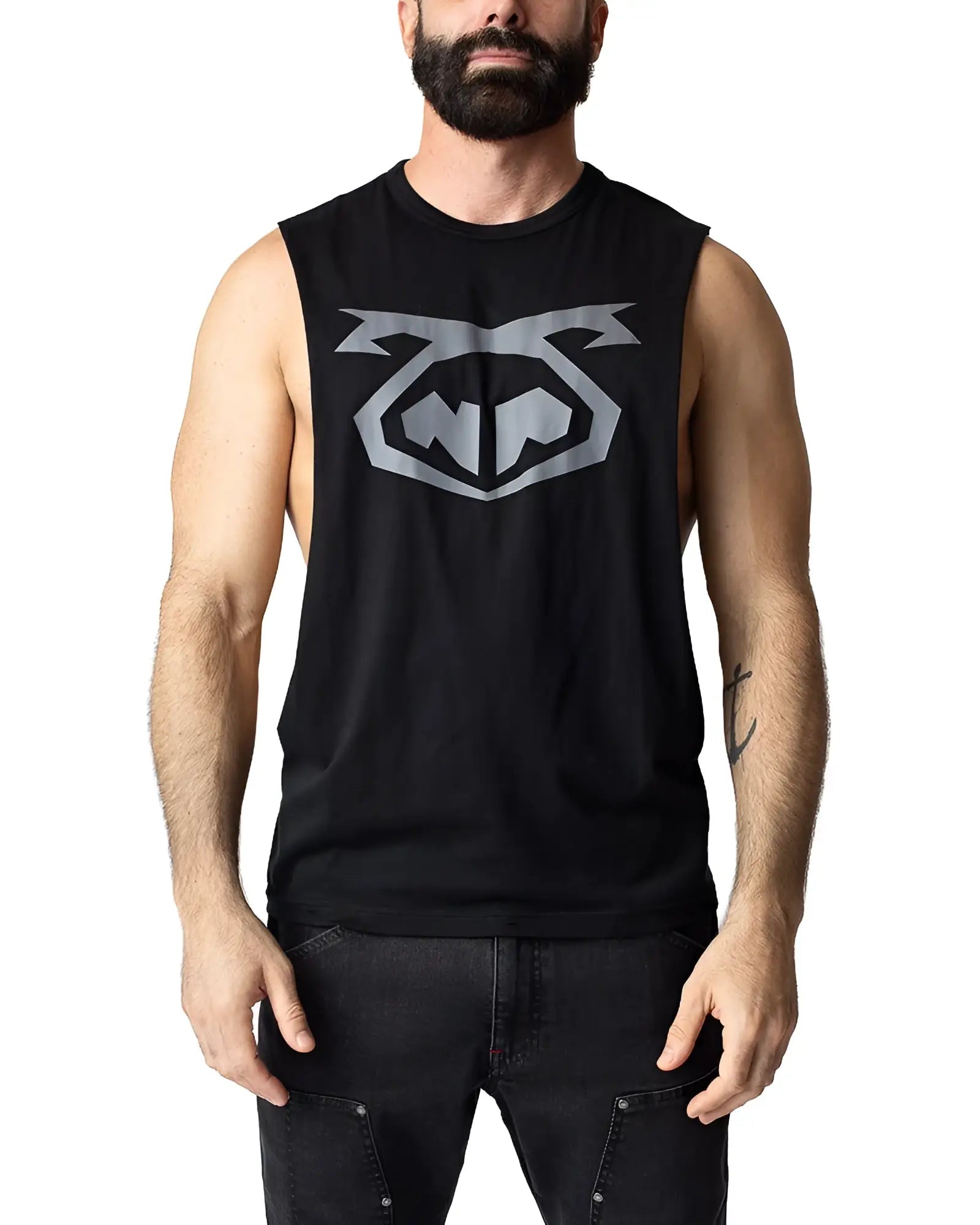 Black sleeveless muscle tank top with silver gray graphic logo on chest from brandmark shredder collection