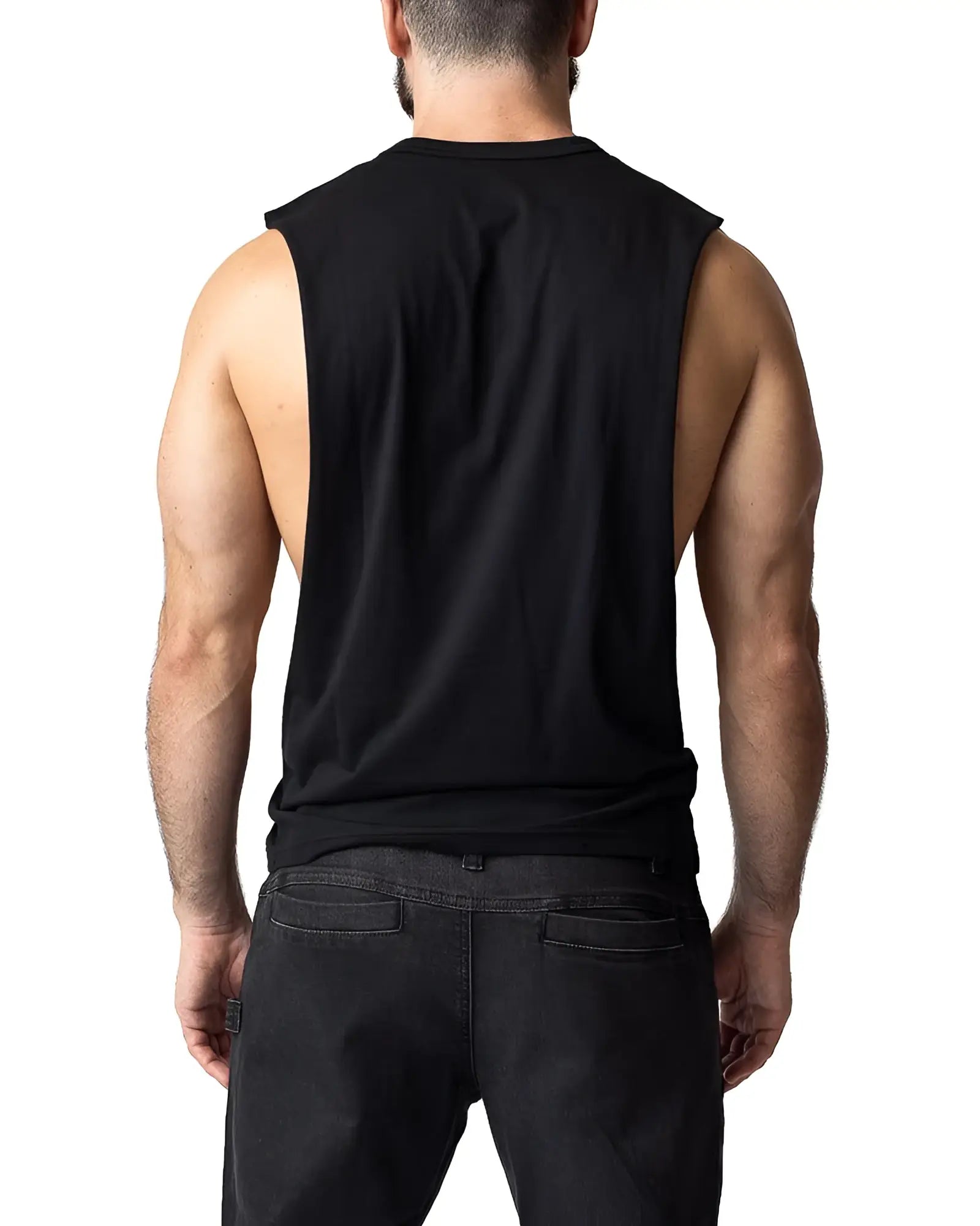 Black sleeveless muscle tank top brandmark shredder with ribbed neckline and relaxed fit for casual wear
