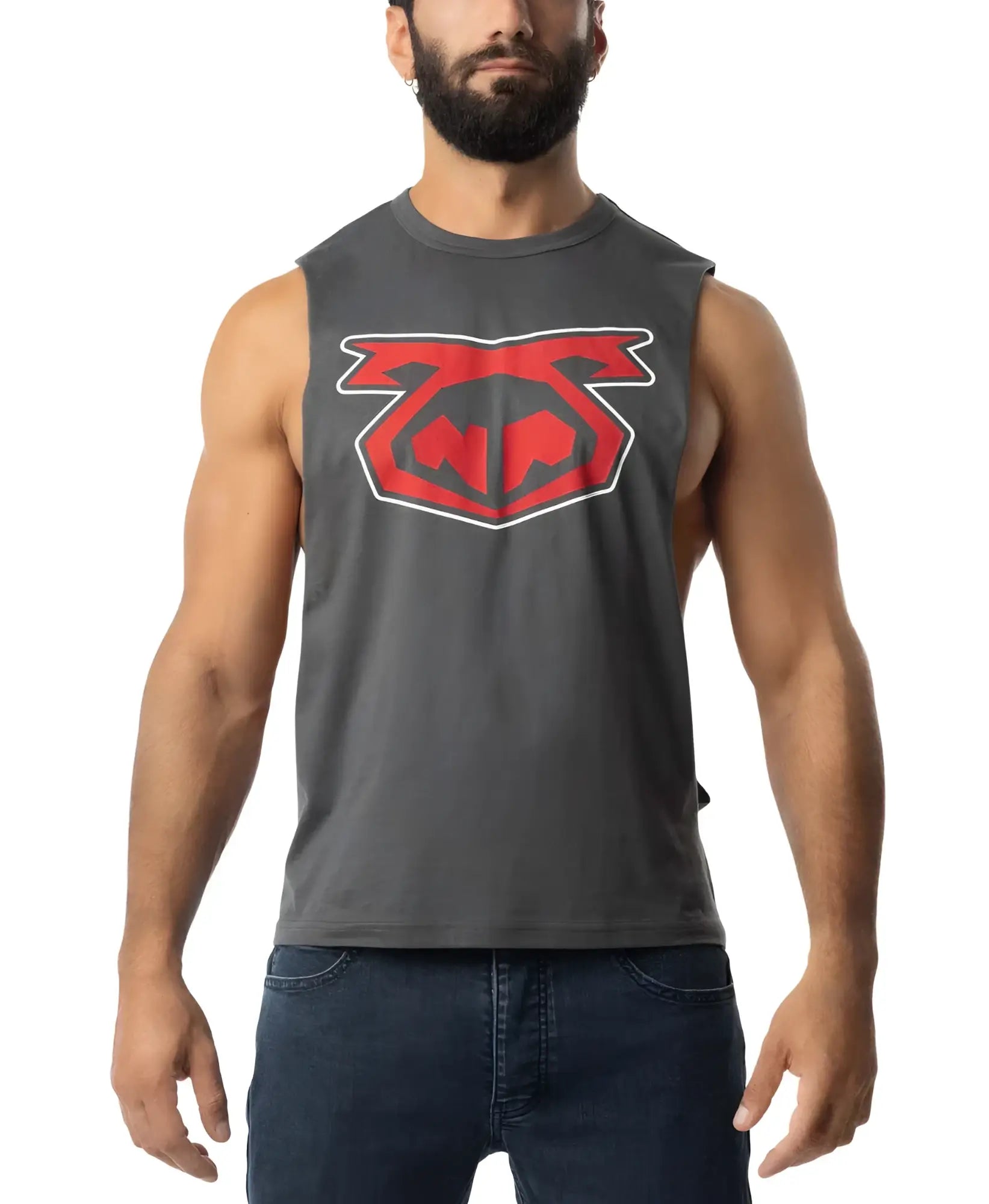 Dark gray sleeveless muscle tank top with bold red and white brandmark logo on chest for athletic wear