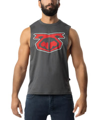 Dark gray sleeveless muscle tank top with bold red and white brandmark logo on chest for athletic wear