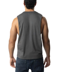 Brandmark shredder tank top 3.0 is a dark gray sleeveless muscle tank with a crew neckline and relaxed fit