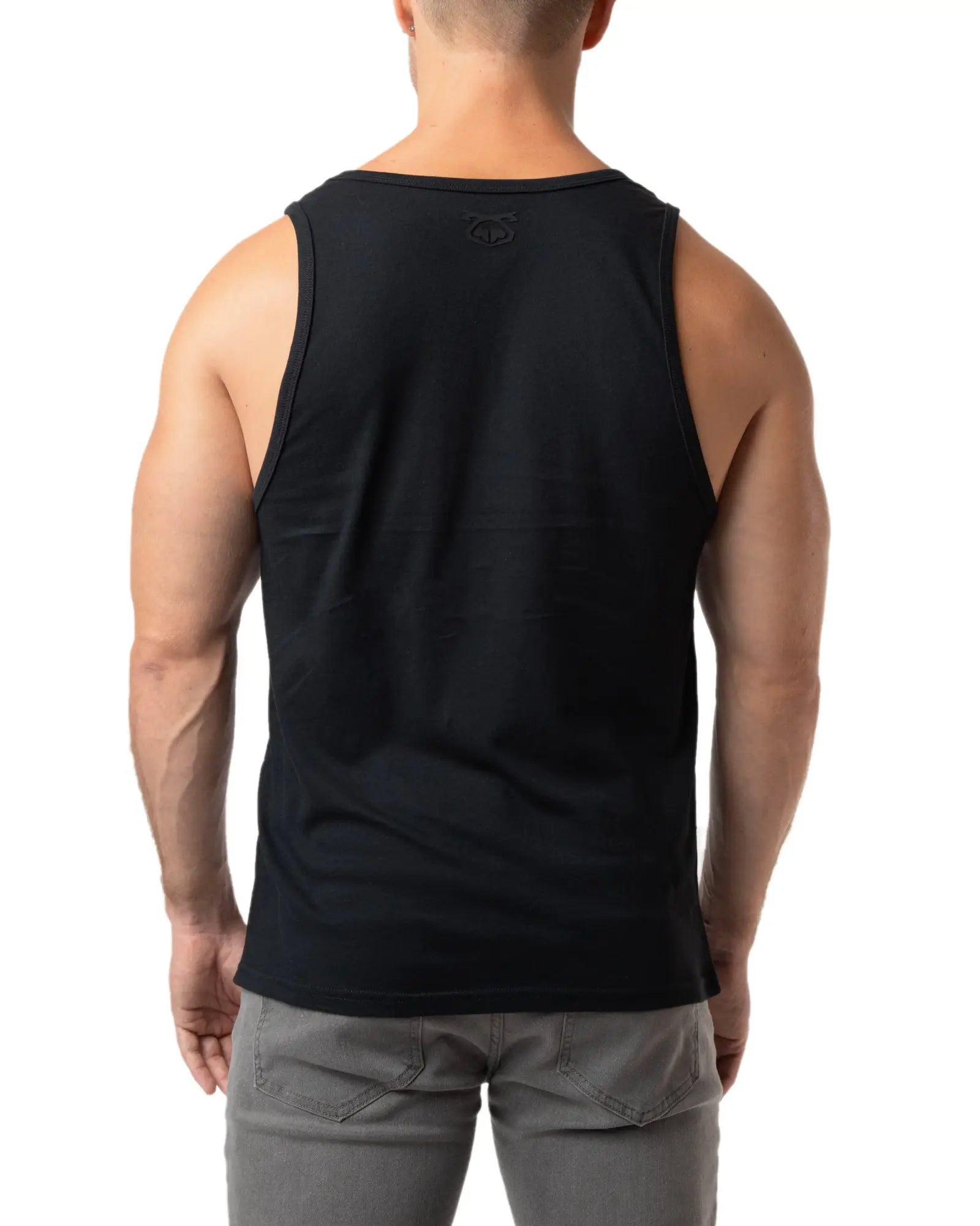 Black sleeveless brandmark tank top showing the back with a subtle logo on the upper back for casual wear