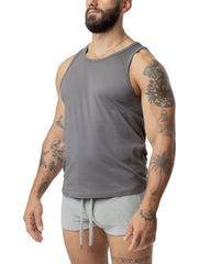 Gray sleeveless brandmark tank top with simple round neckline and relaxed fit perfect for casual wear